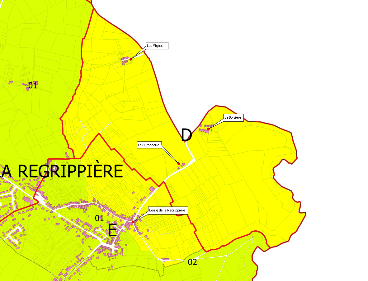 Vue détaillée de l'ancienne section C de la commune de la Chaussaire (49) devenu section U de celle de la Regrippière (44).